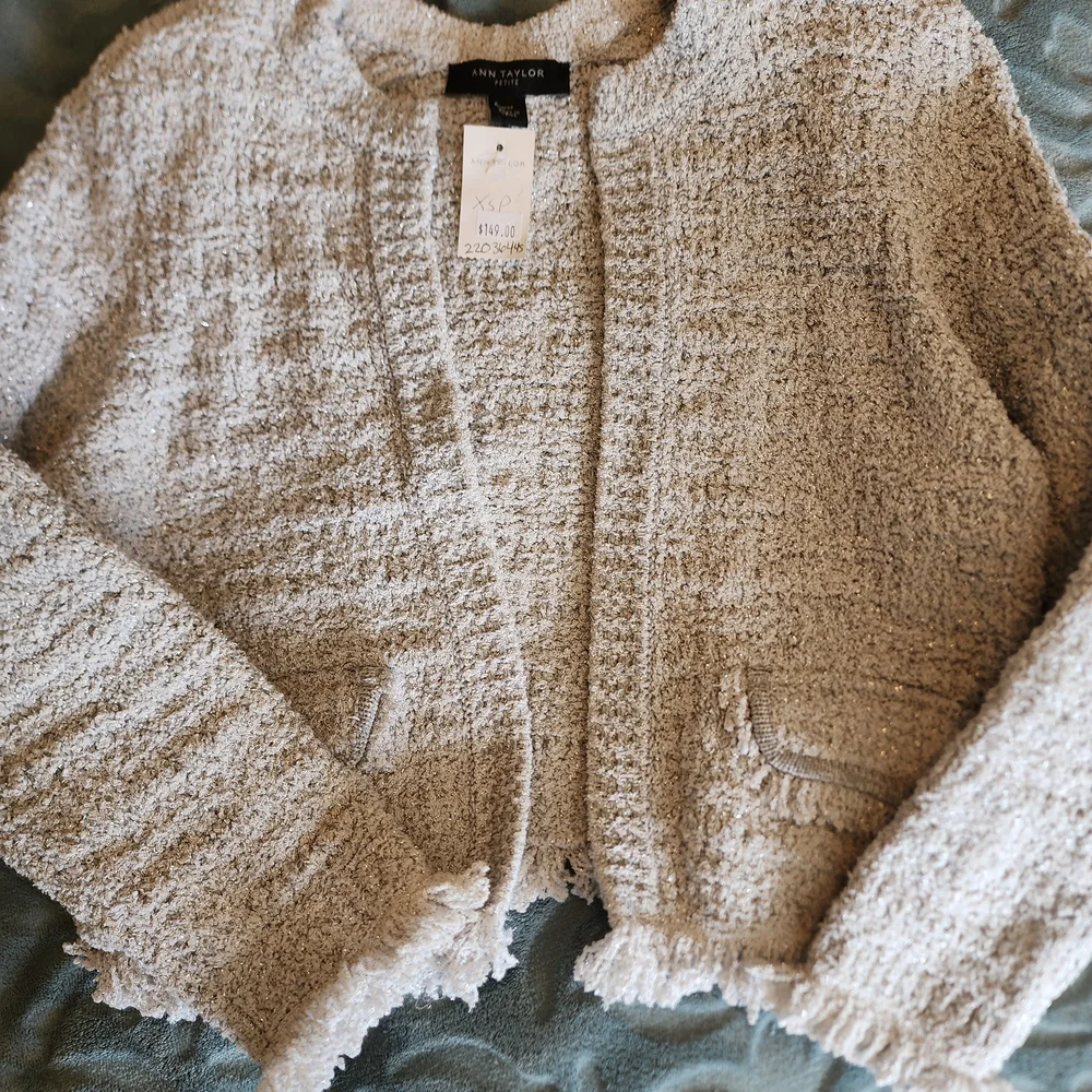 Ann Taylor Cream Bouclé Open-Front Cardigan - Picture 1 of 5
